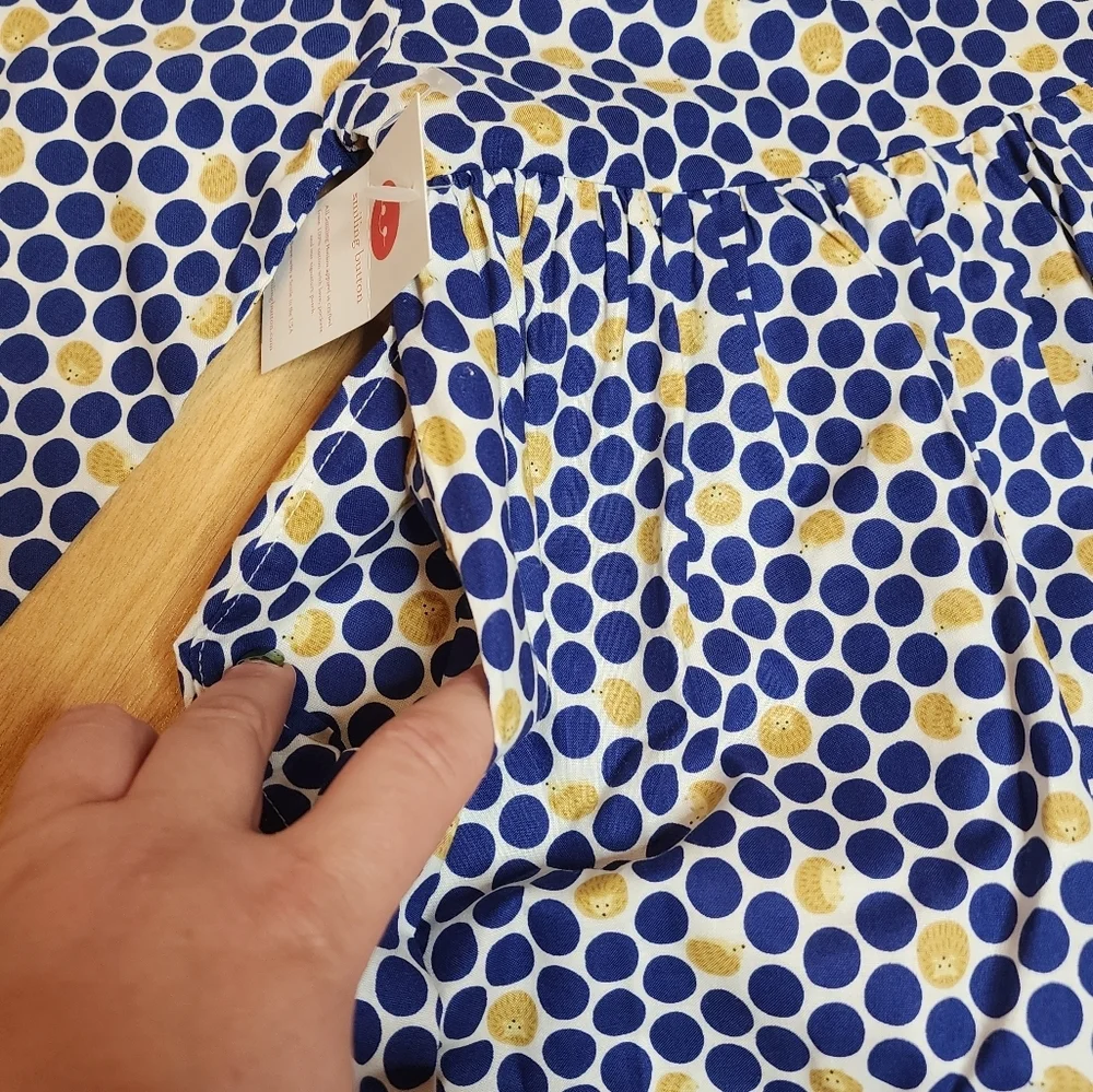 NWT Smiling Button Hedgehog Navy Polka Dot Cotton Dress Pockets‎ Size 5